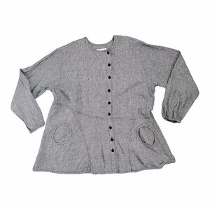 FLAX Black White Checkered Circle Pocket Linen Long Sleeve Shirt Medium